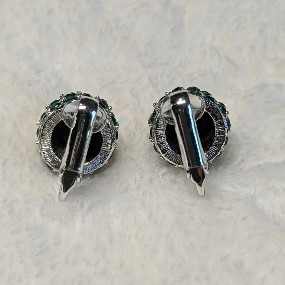 Vintage Green Rhinestone Small Round Button Style Clip Earrings - Picture 4 of 5